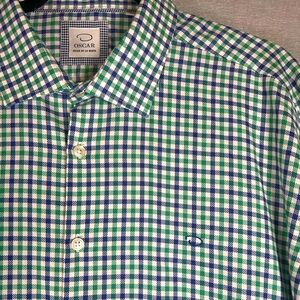 Oscar De La Renta Blue and Green Checkered Men’s Shirt‎ Size XL Quiet Designer